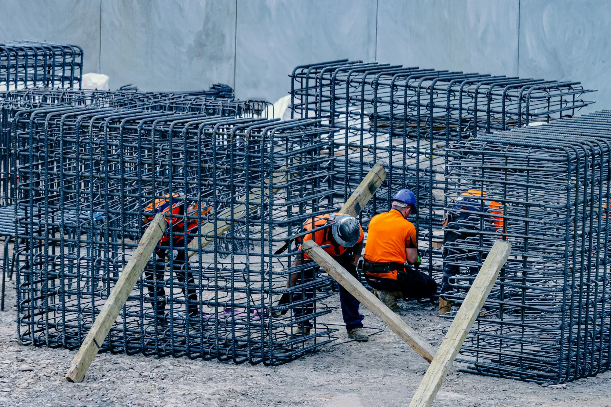 Rebar cages assembled on a construction site